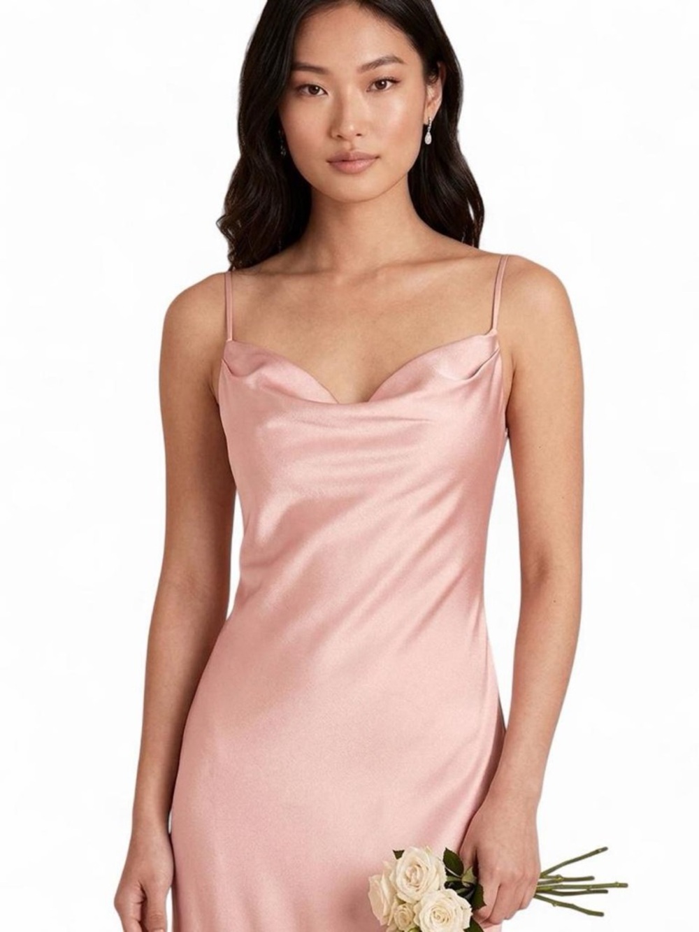 NWT Birdy Grey Pink Satin Maxi Dress XS Cowl Neck Bridesmaid Formal Side Slit